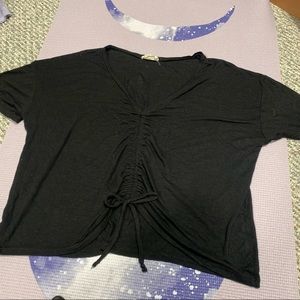 Black V neck tie ruched tee